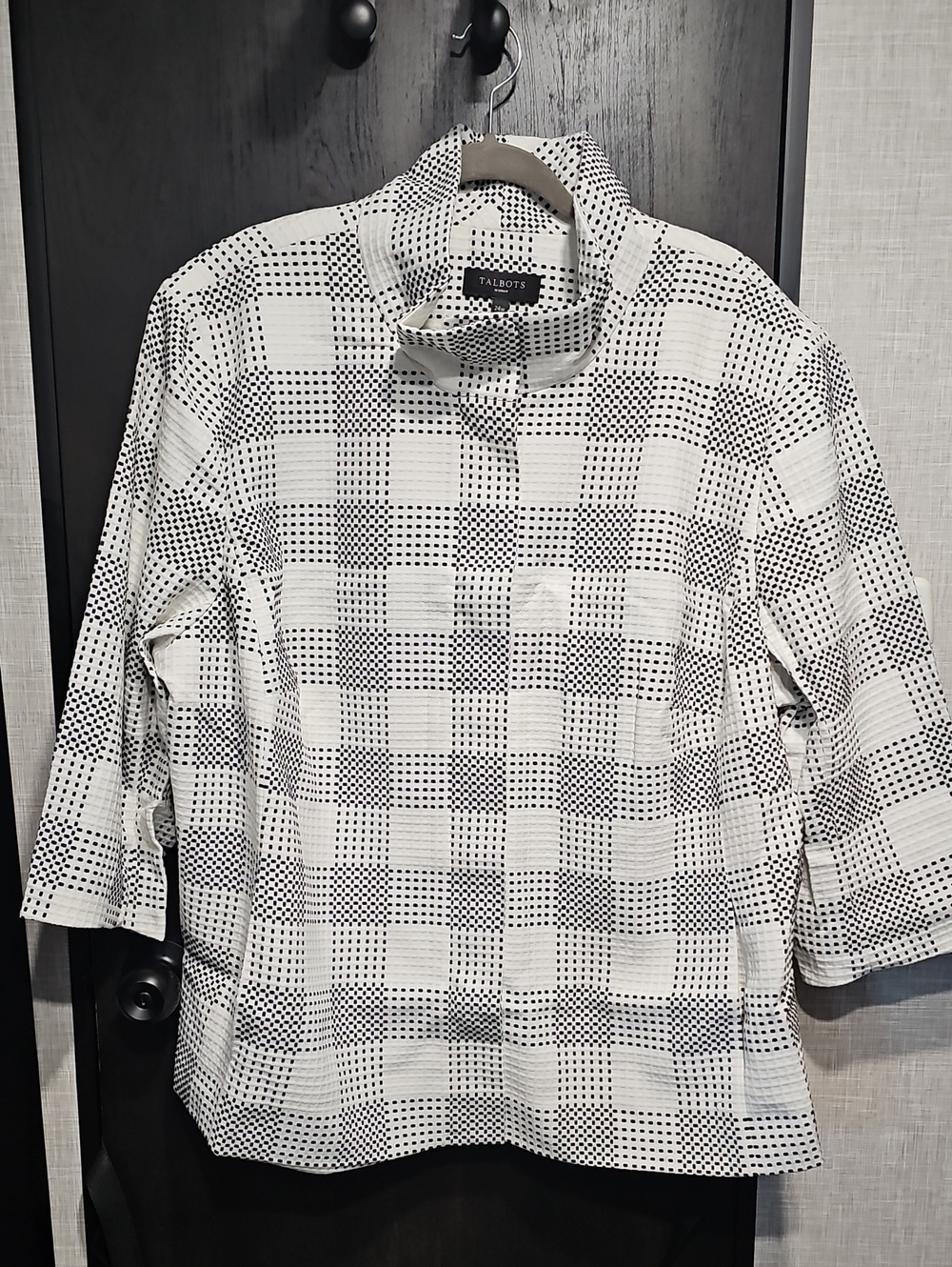 Talbots White and Black Grid-Check Button-Front Shirt